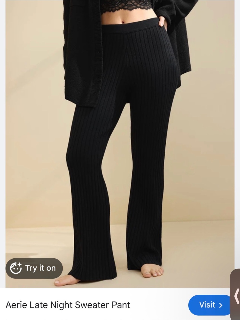 aerie Black Ribbed Knit Wide-Leg Pants